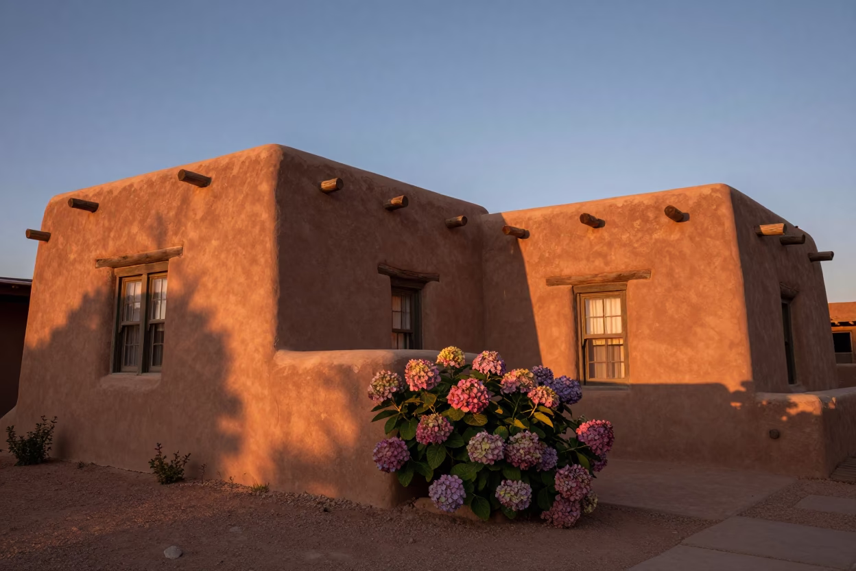 Santa Fe New Mexico adobe architecture and hydrangeas in copper dusk light before evening in in Santa Fe, New Mexico, United States