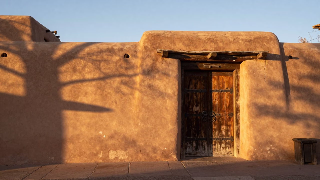 Santa Fe New Mexico Adobe Architecture and Morning Light After Sunrise in in Santa Fe, New Mexico, United States