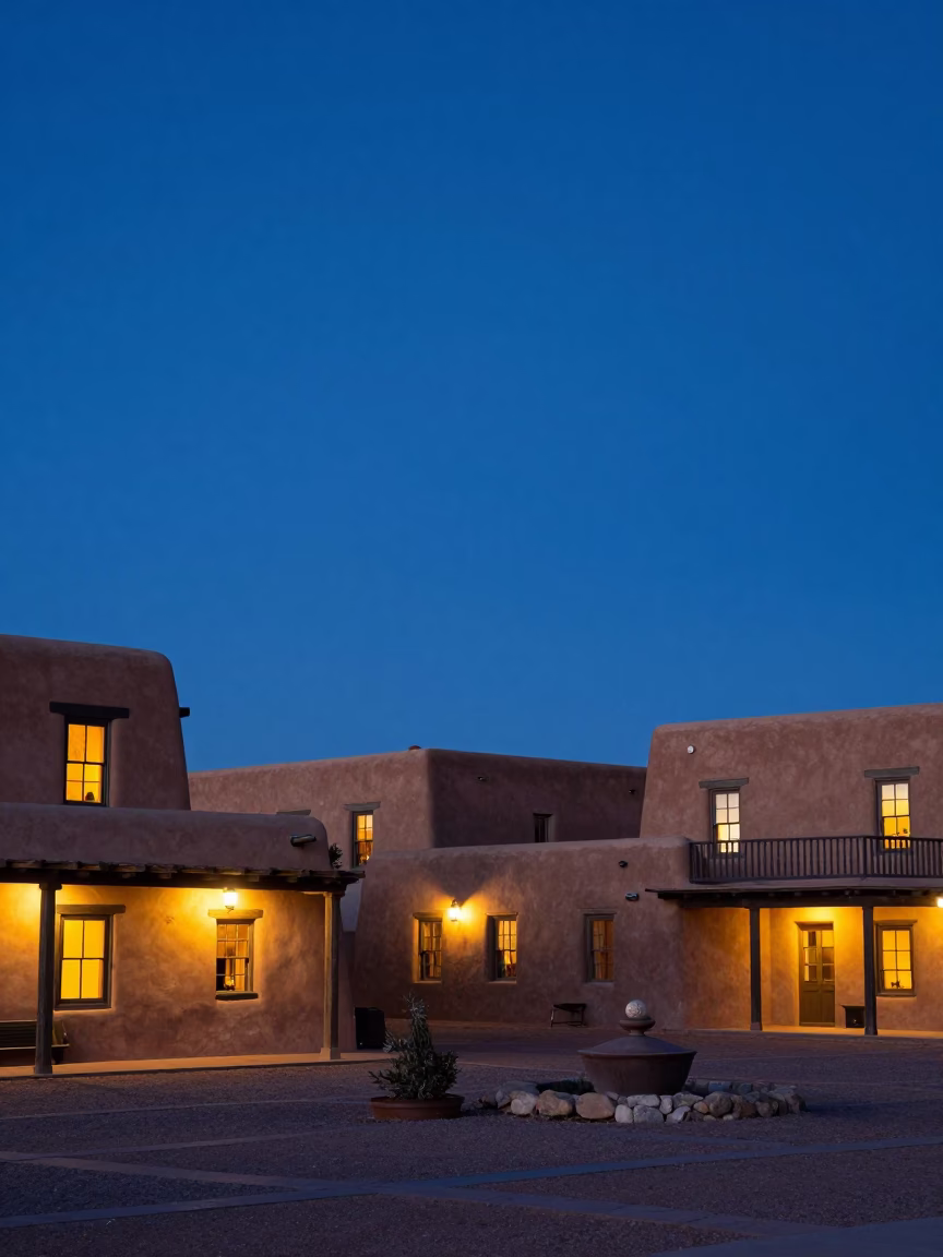 Santa Fe New Mexico adobe architecture and plaza lights in indigo twilight in in Santa Fe, New Mexico, United States