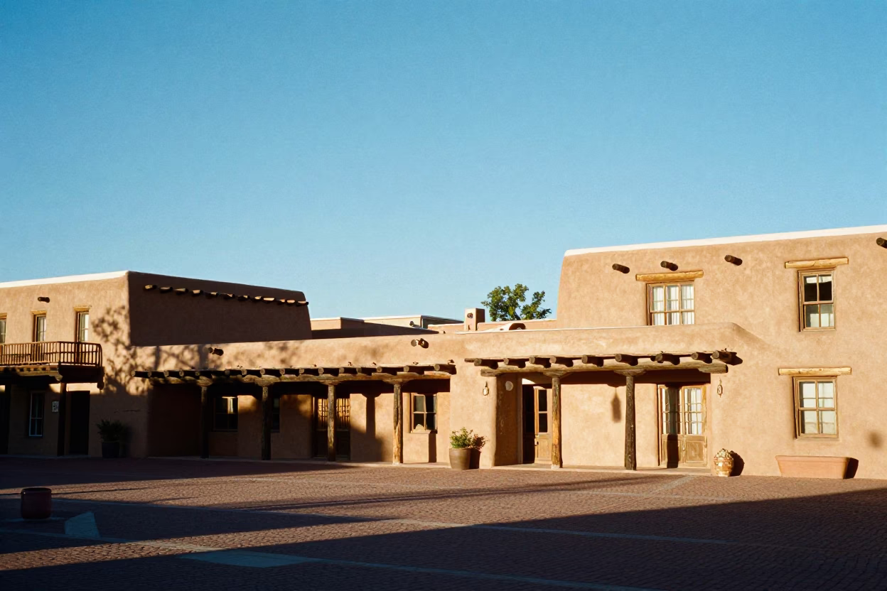 Santa Fe New Mexico Adobe Architecture and Plaza Scene in Early Afternoon Sunlight in in Santa Fe, New Mexico, United States