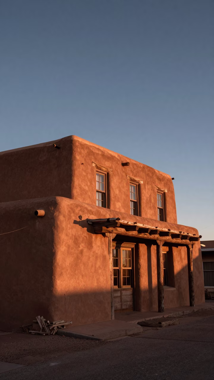 Santa Fe New Mexico adobe architecture and street scene in copper dusk light in in Santa Fe, New Mexico, United States