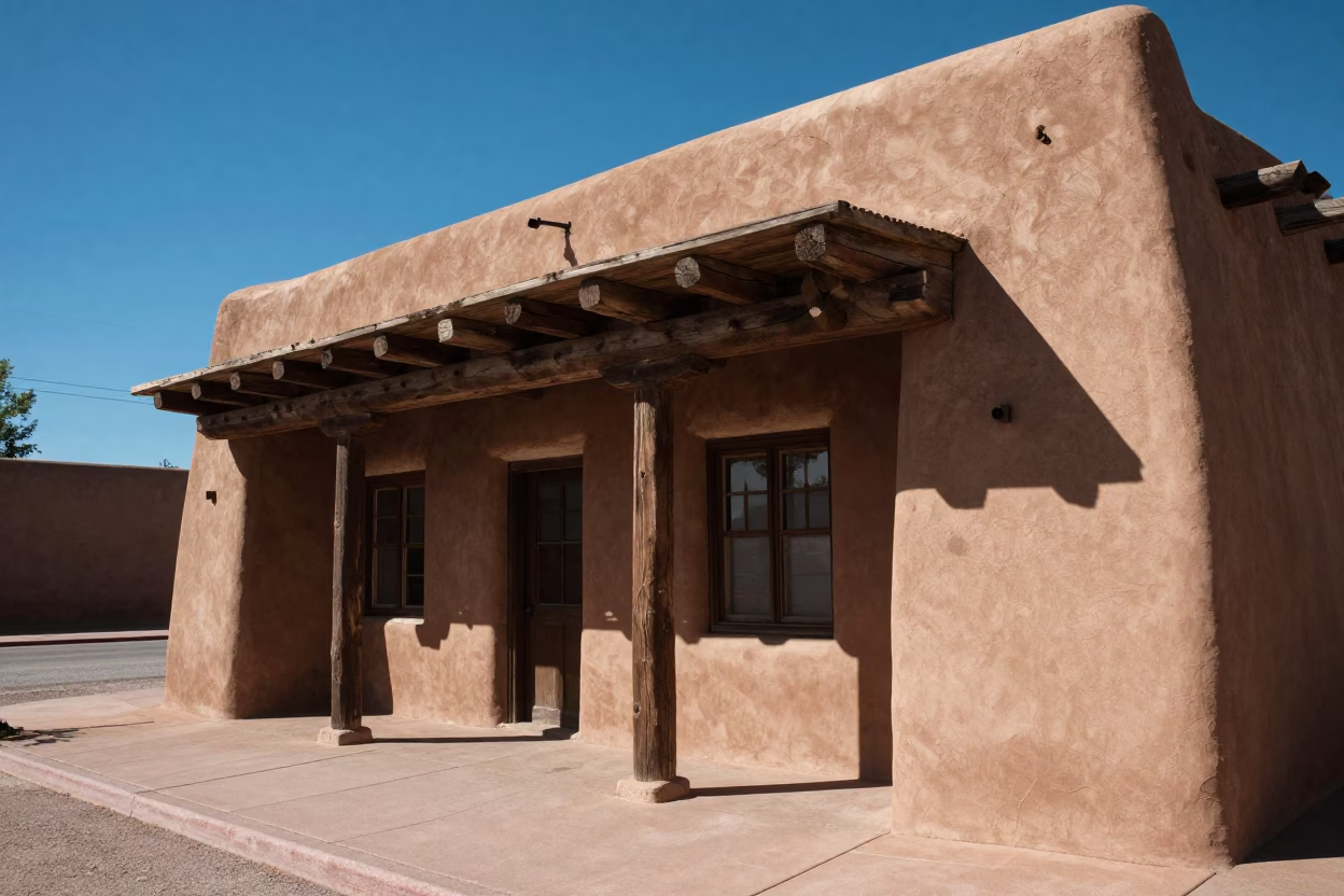 Santa Fe New Mexico Adobe Architecture and Street Scene Under Flat Noon Sunlight in in Santa Fe, New Mexico, United States