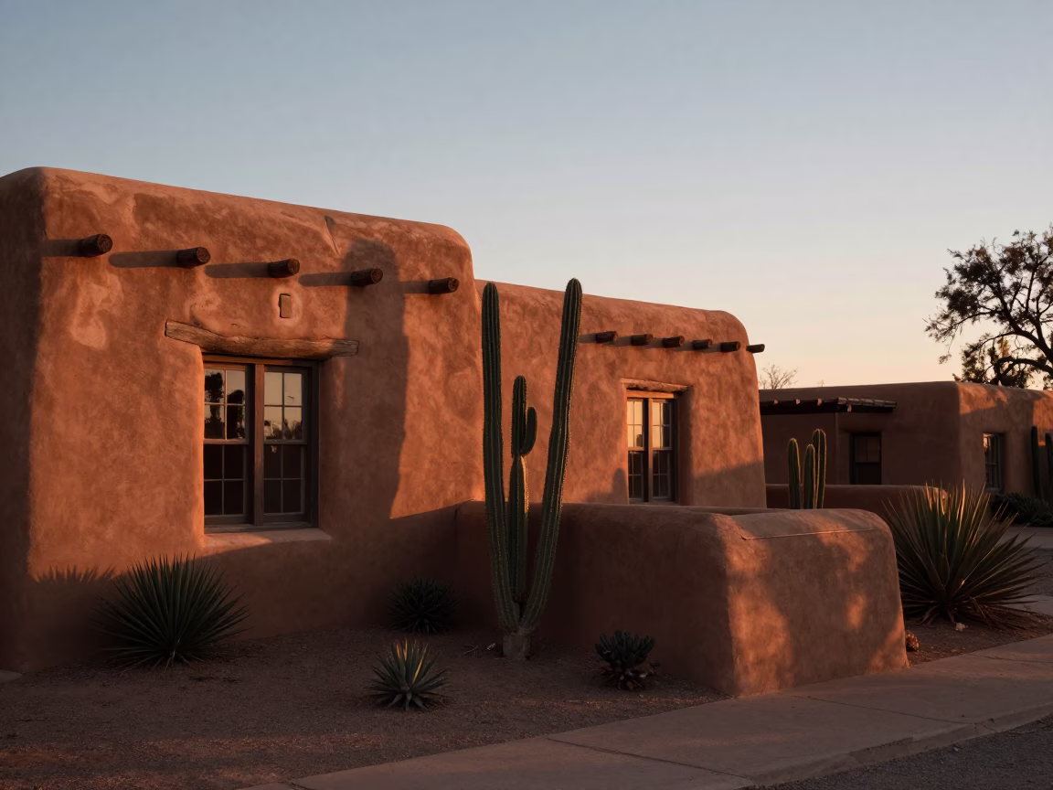 Santa Fe New Mexico Adobe Architecture and Succulent Garden at Sunset in in Santa Fe, New Mexico, United States
