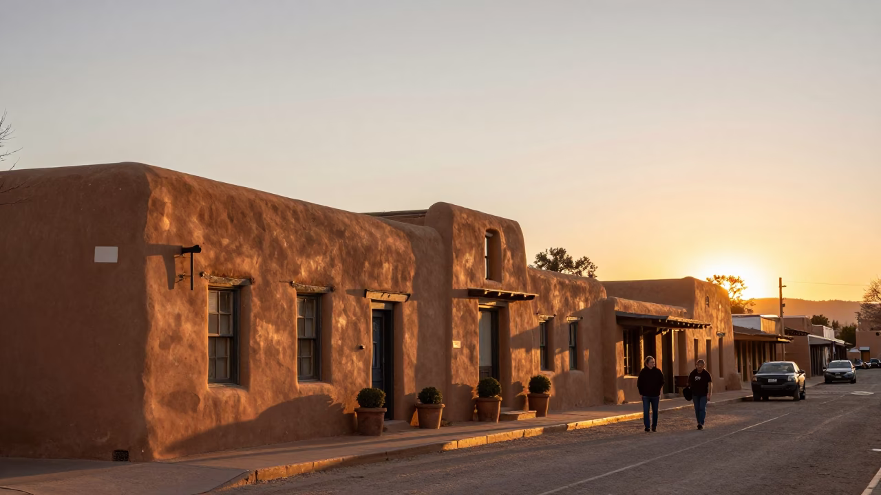 Santa Fe New Mexico adobe architecture and sunset street scene with locals in in Santa Fe, New Mexico, United States