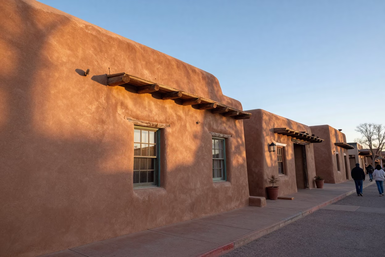 Santa Fe New Mexico adobe architecture and vibrant morning street life at dawn in in Santa Fe, New Mexico, United States