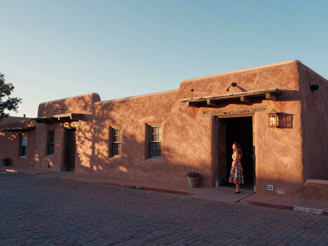 Santa Fe New Mexico adobe architecture and vibrant street life at dawn in in Santa Fe, New Mexico, United States