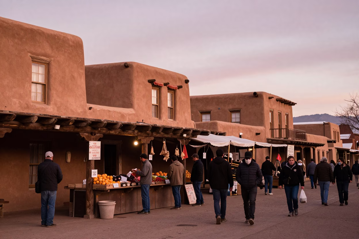 Santa Fe New Mexico Adobe Architecture and Wet Market Stall Before Dusk in in Santa Fe, New Mexico, United States