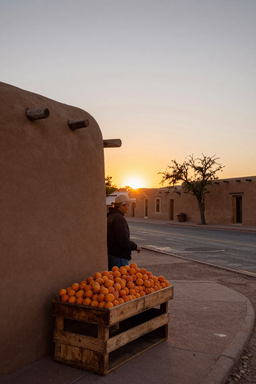 Santa Fe New Mexico adobe architecture apricots sunset street scene in in Santa Fe, New Mexico, United States
