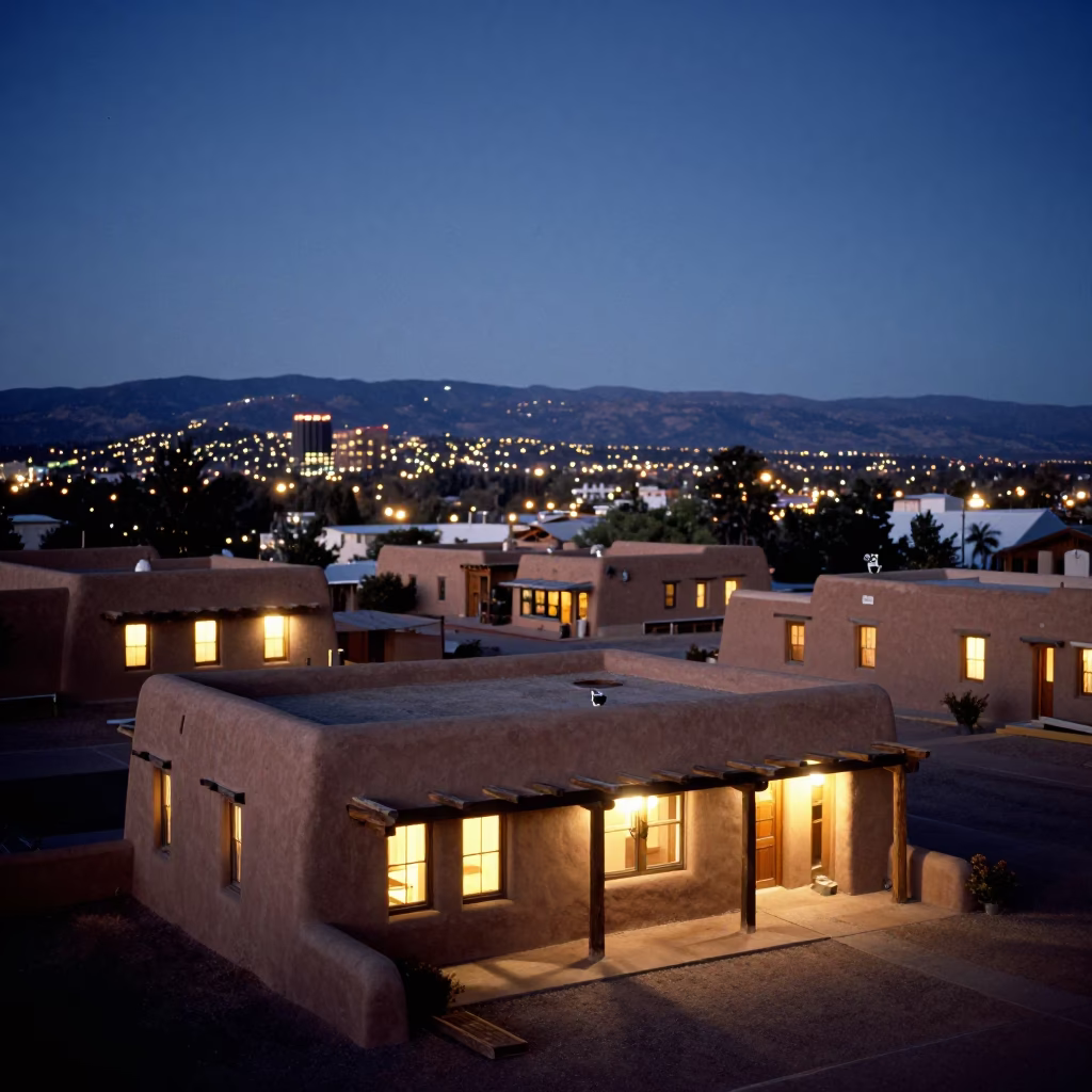 Santa Fe New Mexico Adobe Architecture at Twilight with City Lights and Street Scene in in Santa Fe, New Mexico, United States