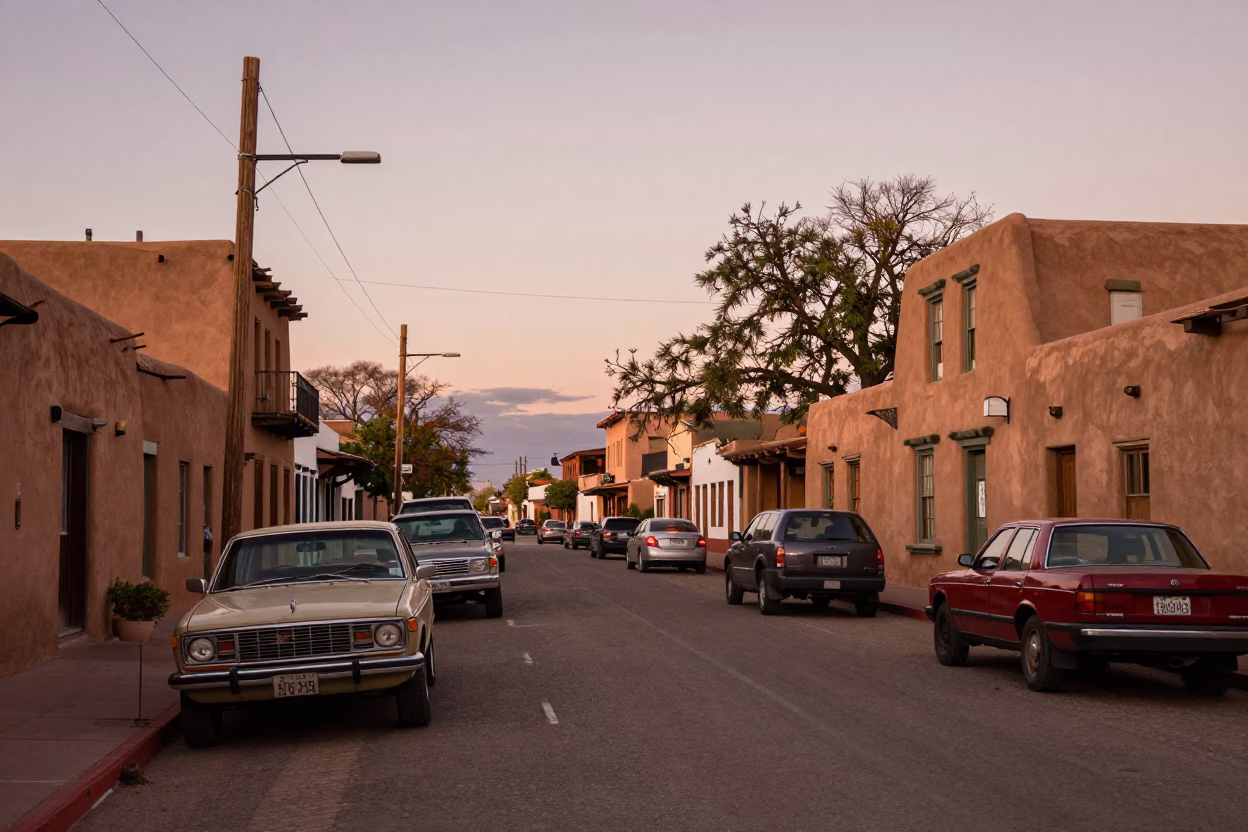 Santa Fe New Mexico adobe architecture copper dusk light busy street scene 1990s in in Santa Fe, New Mexico, United States