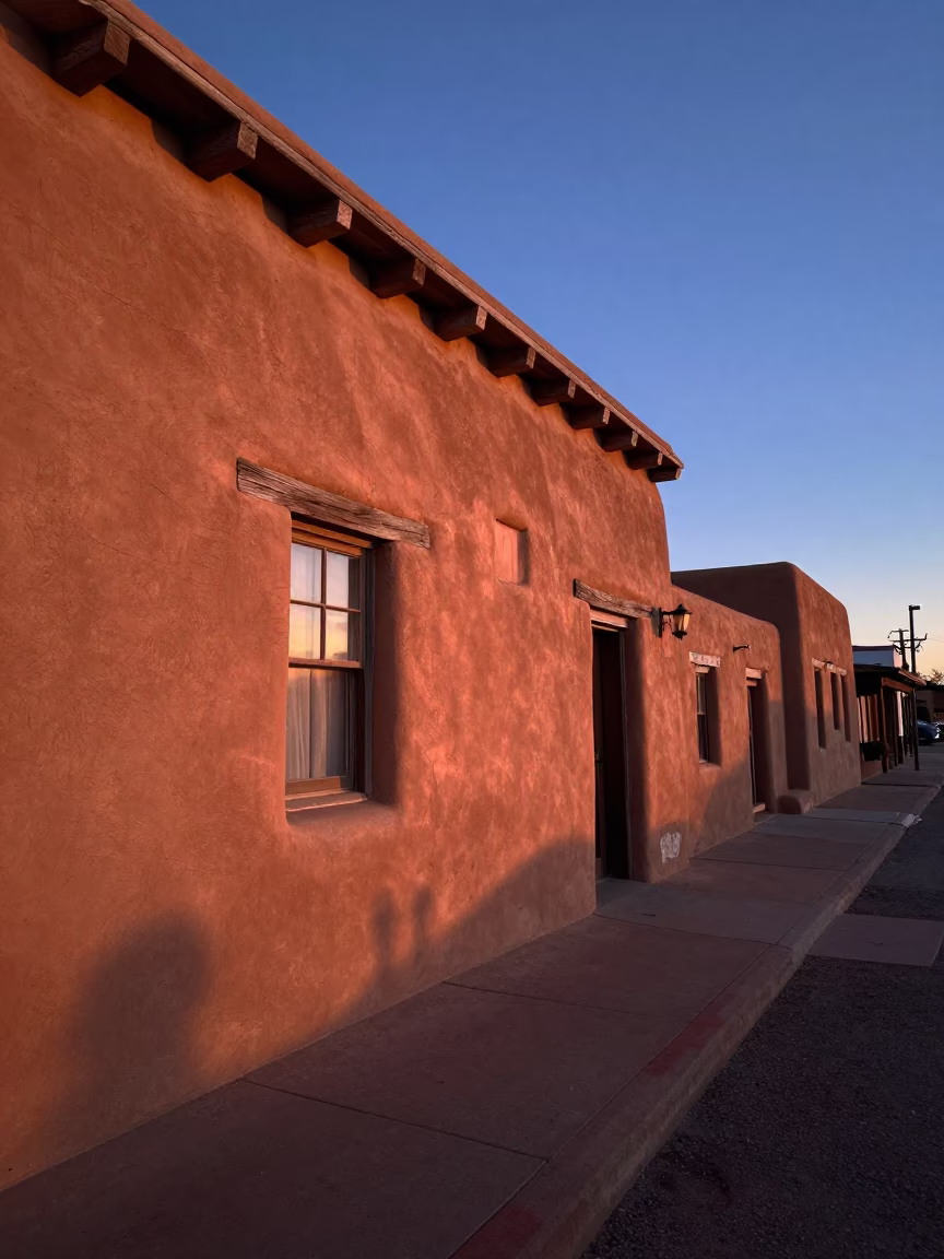 Santa Fe New Mexico adobe architecture copper dusk light street scene in in Santa Fe, New Mexico, United States