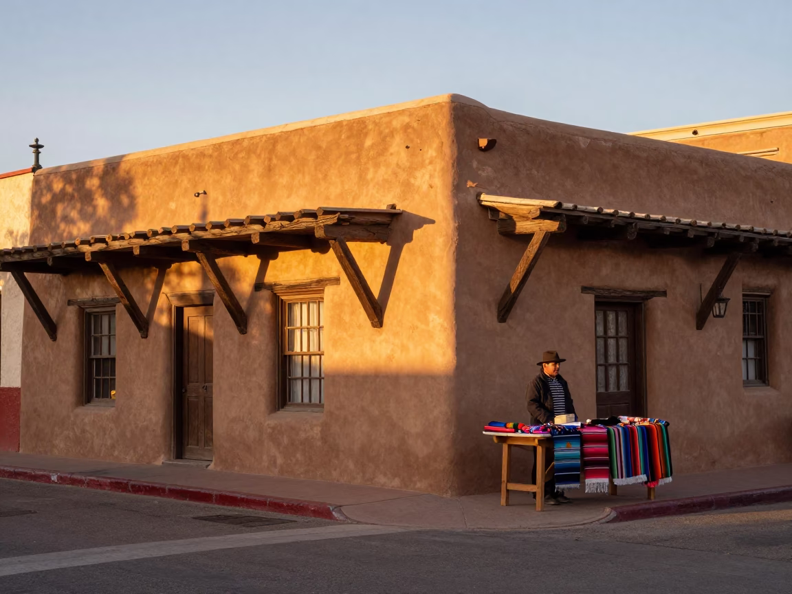 Santa Fe New Mexico Adobe Architecture Evening Light Street Scene in in Santa Fe, New Mexico, United States