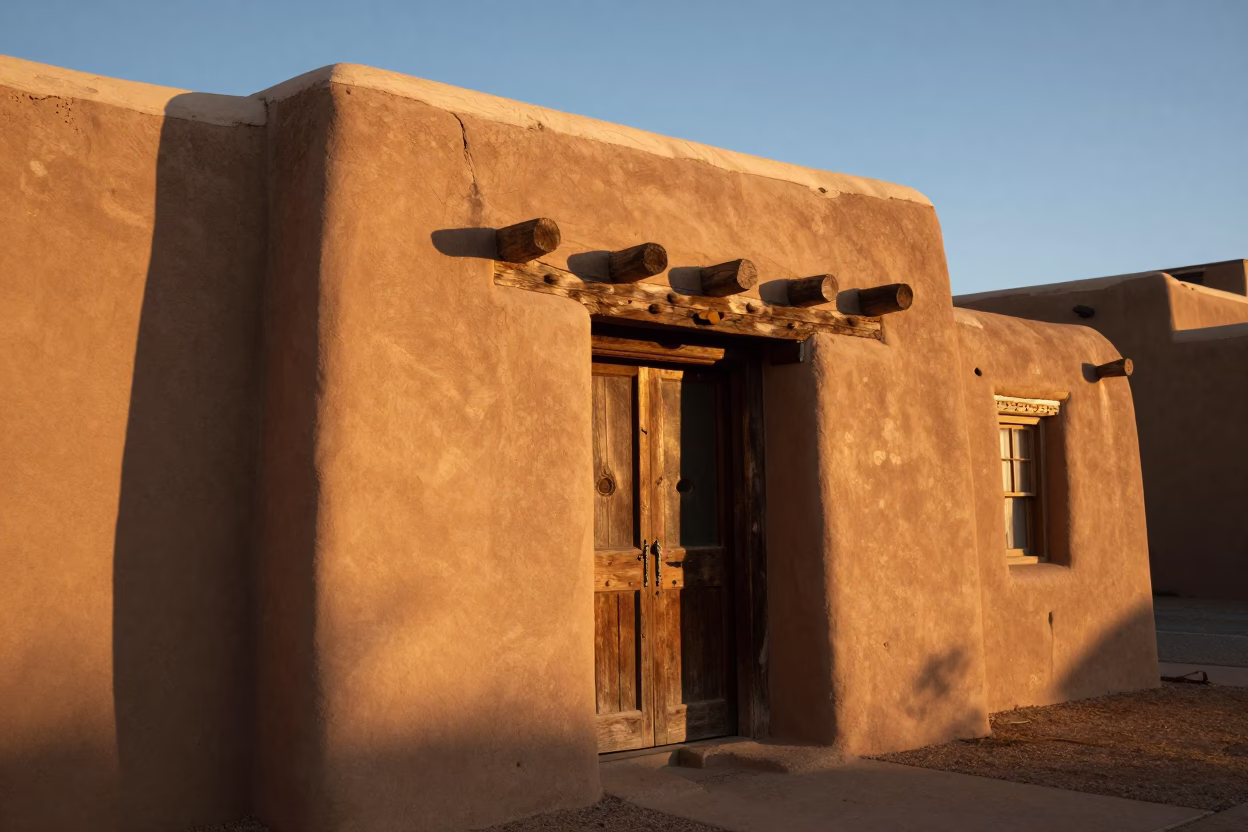 Santa Fe New Mexico adobe architecture in honeyed evening light with historic street scene in in Santa Fe, New Mexico, United States