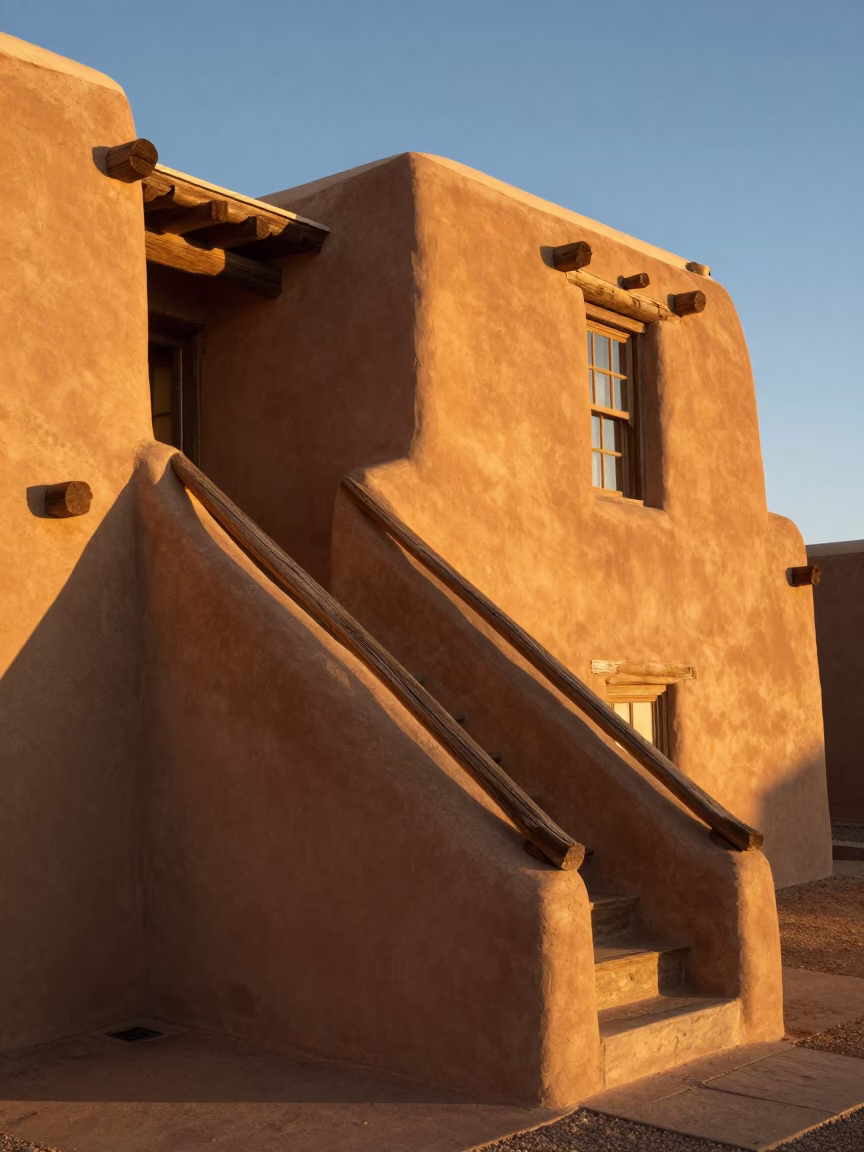 Santa Fe New Mexico Adobe Architecture in Honeyed Evening Light with Stair Rail Detail in in Santa Fe, New Mexico, United States