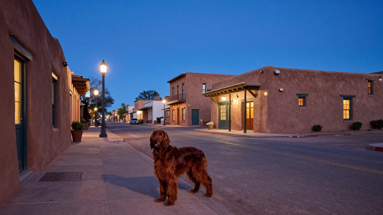 Santa Fe New Mexico Adobe Architecture Indigo Twilight Street Scene in in Santa Fe, New Mexico, United States