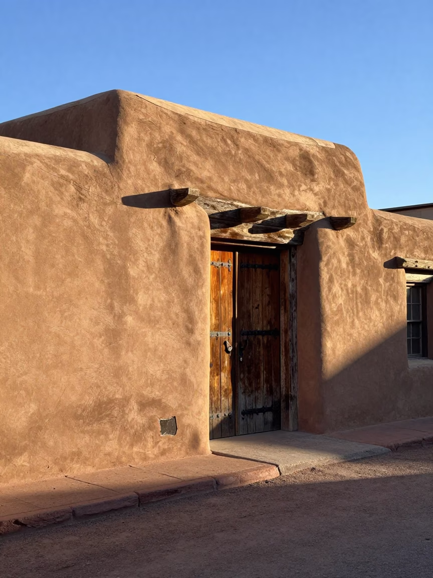 Santa Fe New Mexico Adobe Architecture Late Afternoon Light Street Scene in in Santa Fe, New Mexico, United States