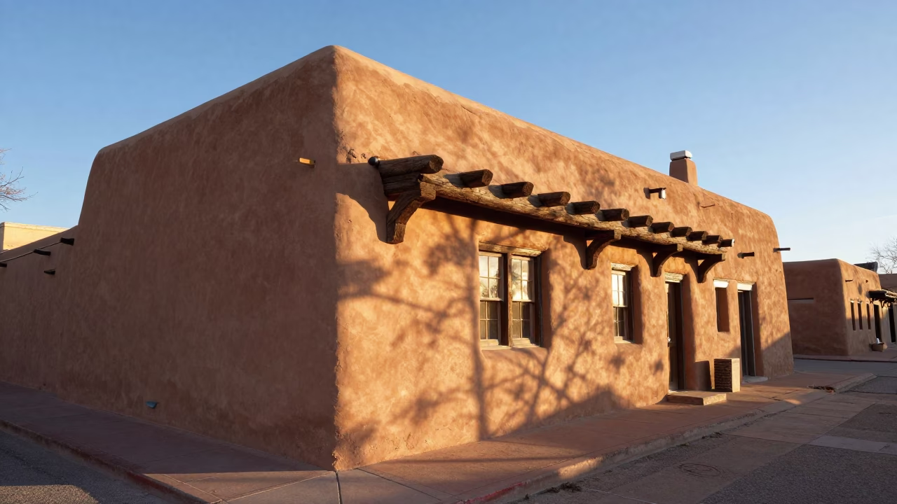 Santa Fe New Mexico Adobe Architecture Morning Light Street Scene in in Santa Fe, New Mexico, United States