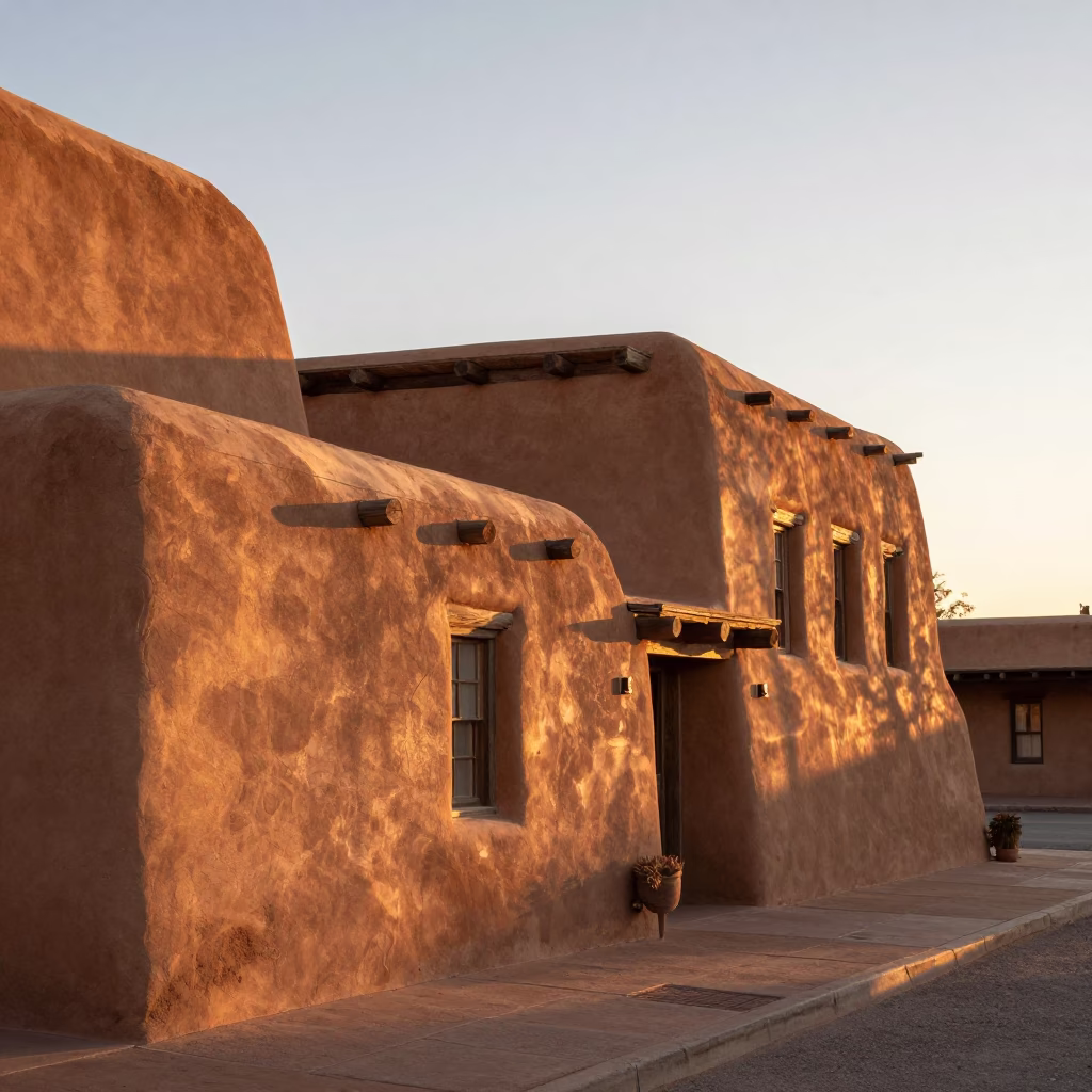 Santa Fe New Mexico Adobe Architecture Morning Light Sunrise Street Scene in in Santa Fe, New Mexico, United States