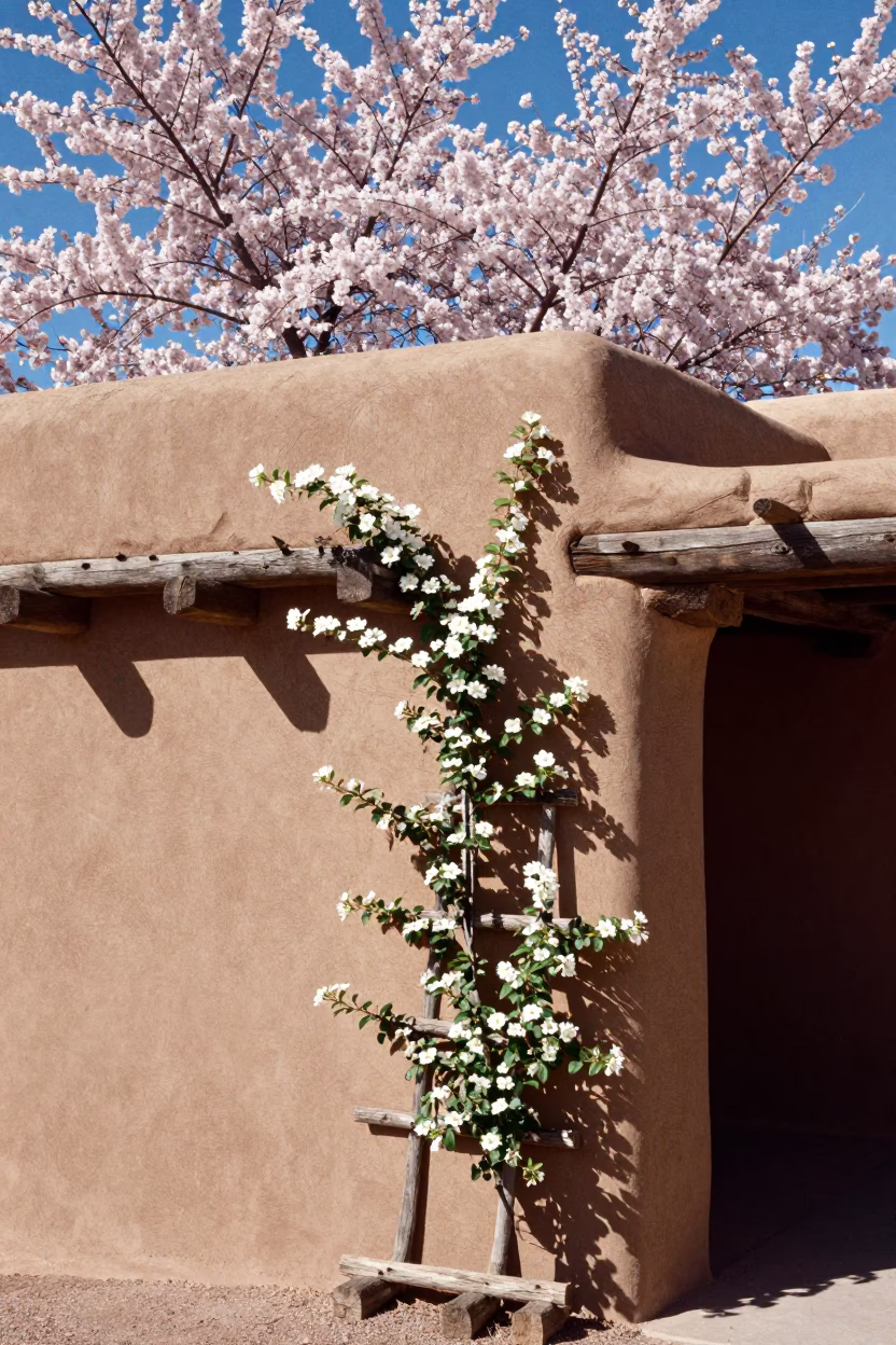 Santa Fe New Mexico Adobe Architecture Noon Light with Cherry Blossoms in in Santa Fe, New Mexico, United States