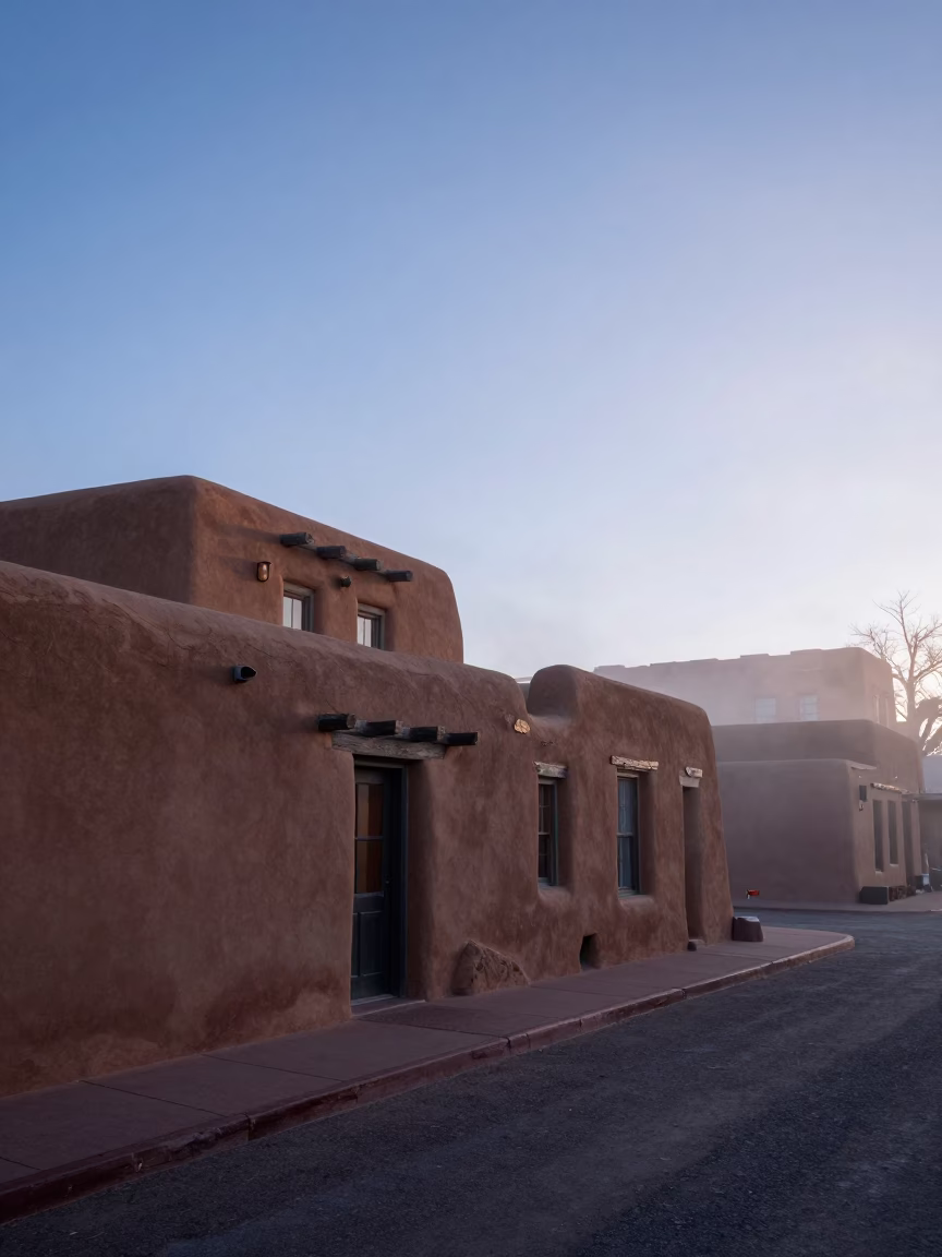 Santa Fe New Mexico adobe architecture pre-dawn sunrise misty morning street scene in in Santa Fe, New Mexico, United States