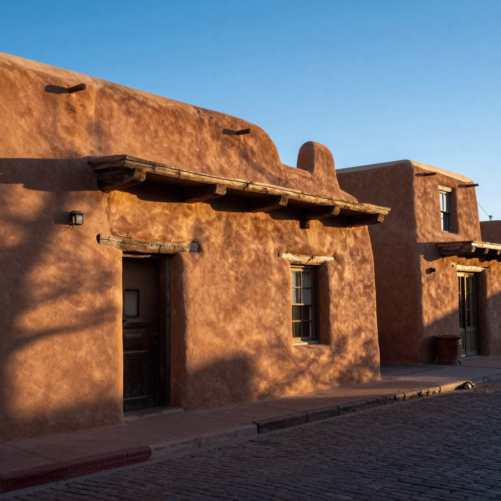 Santa Fe New Mexico adobe architecture street scene early morning light in in Santa Fe, New Mexico, United States