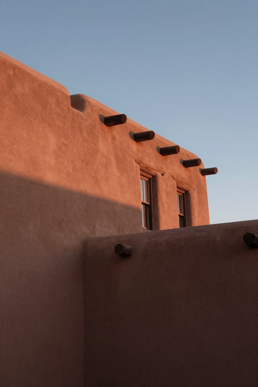 Santa Fe New Mexico adobe architecture sunrise light early morning in in Santa Fe, New Mexico, United States