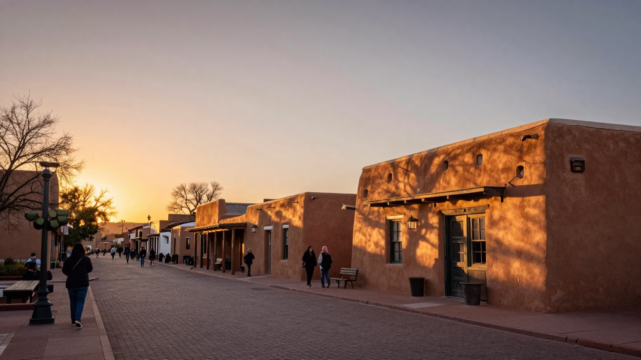 Santa Fe New Mexico adobe architecture sunset street scene with tourists and local vendors in in Santa Fe, New Mexico, United States