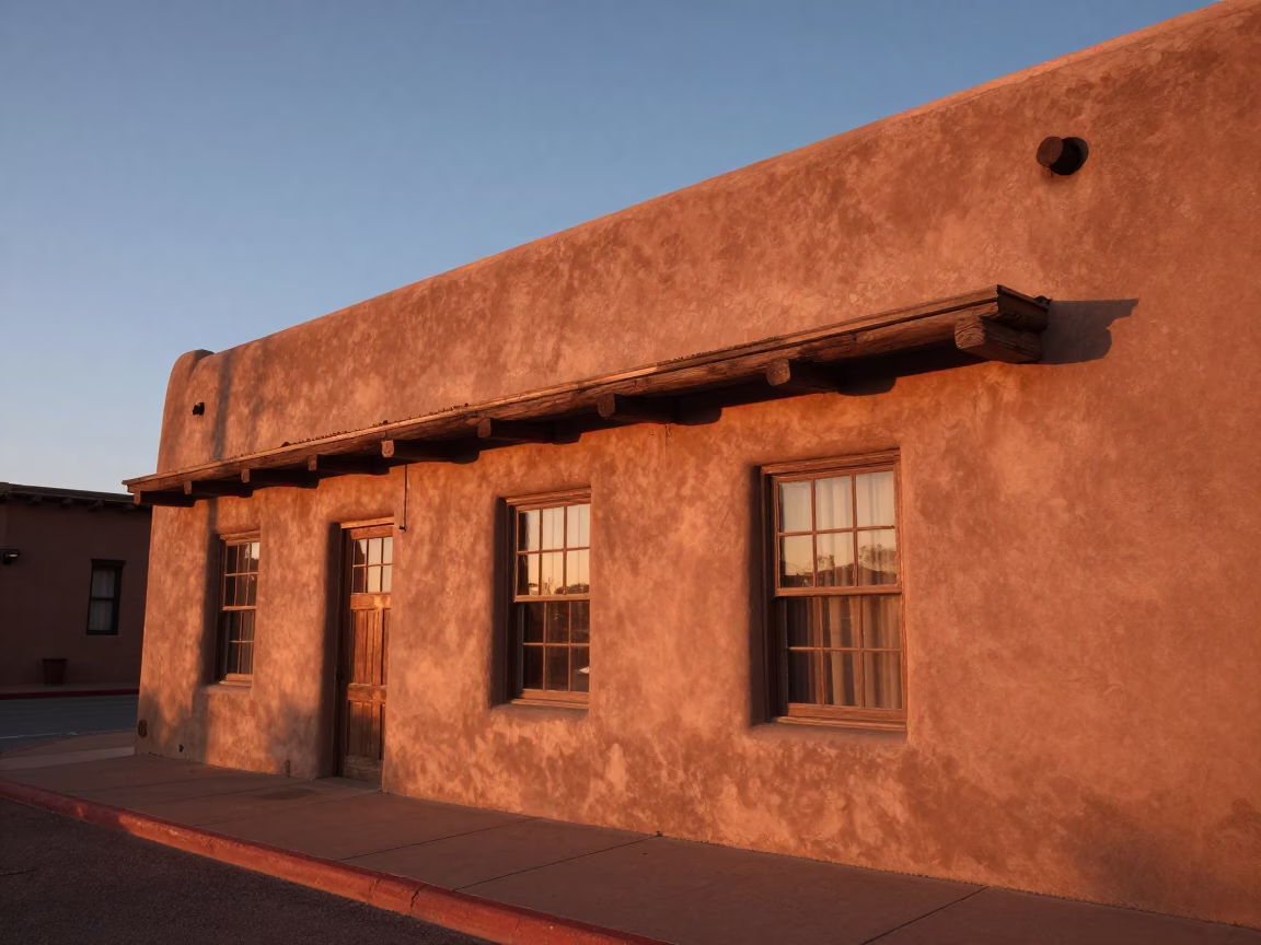 Santa Fe New Mexico Adobe Building Copper Dusk Light Street Scene in in Santa Fe, New Mexico, United States