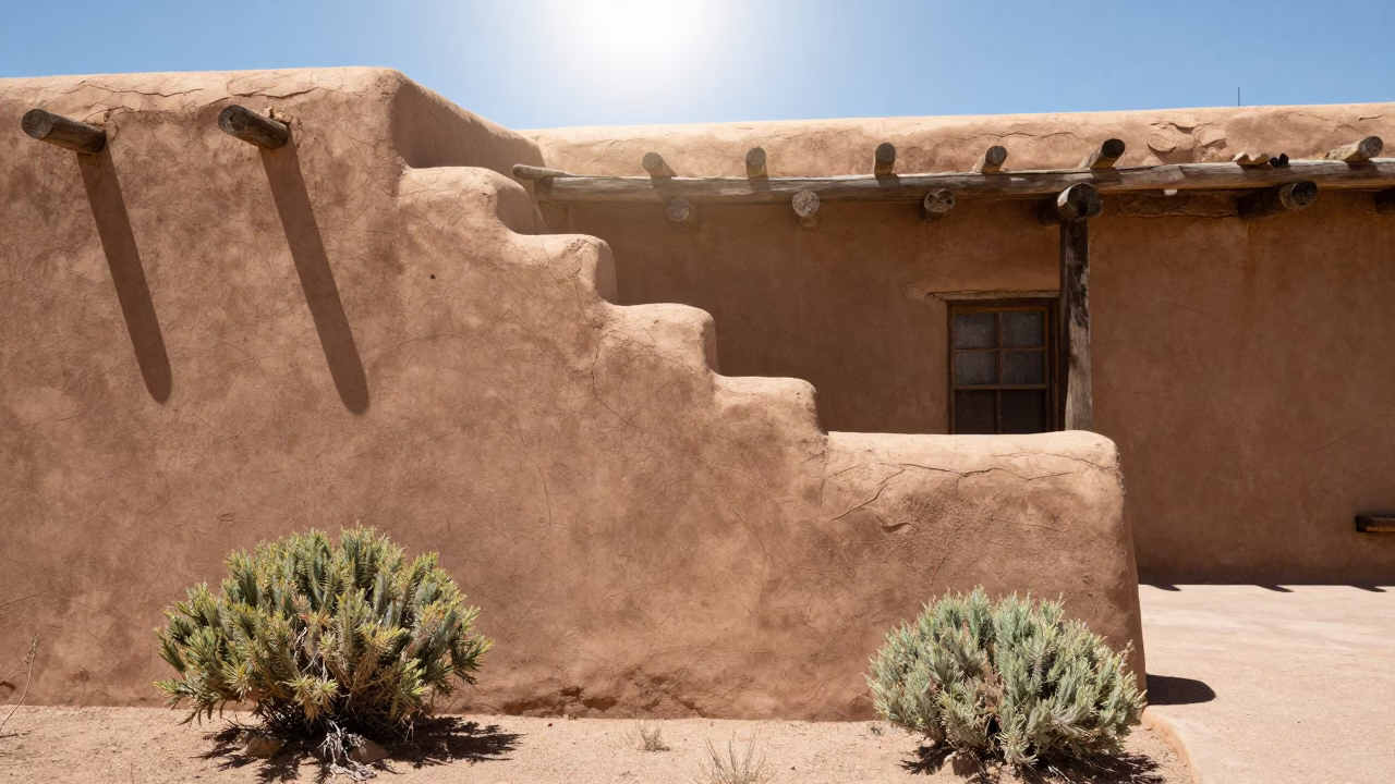 Santa Fe New Mexico Adobe Building Detail with Sunlight and Desert Vegetation at Noon in in Santa Fe, New Mexico, United States