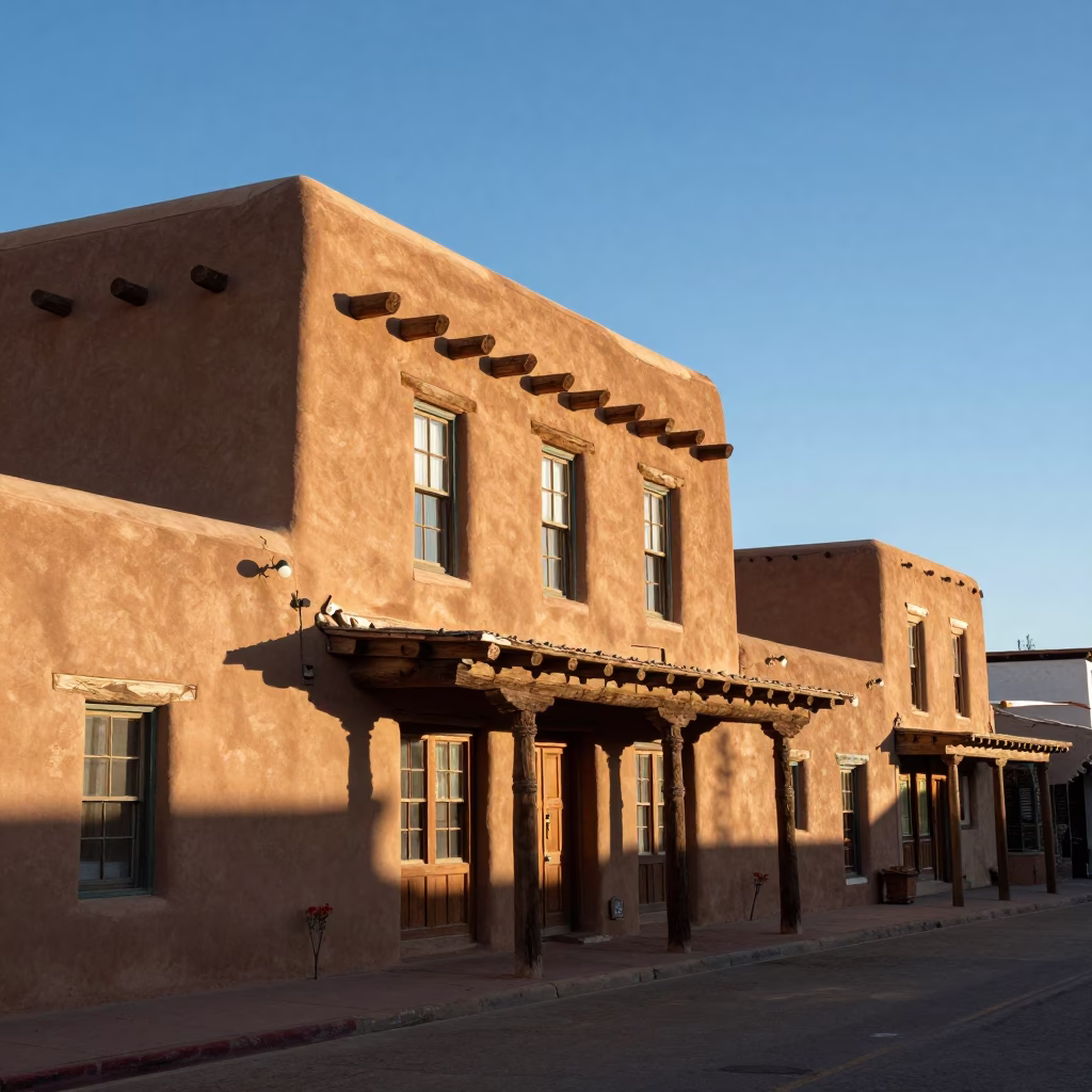 Santa Fe New Mexico Adobe Building Late Afternoon Light Realistic Street Scene in in Santa Fe, New Mexico, United States