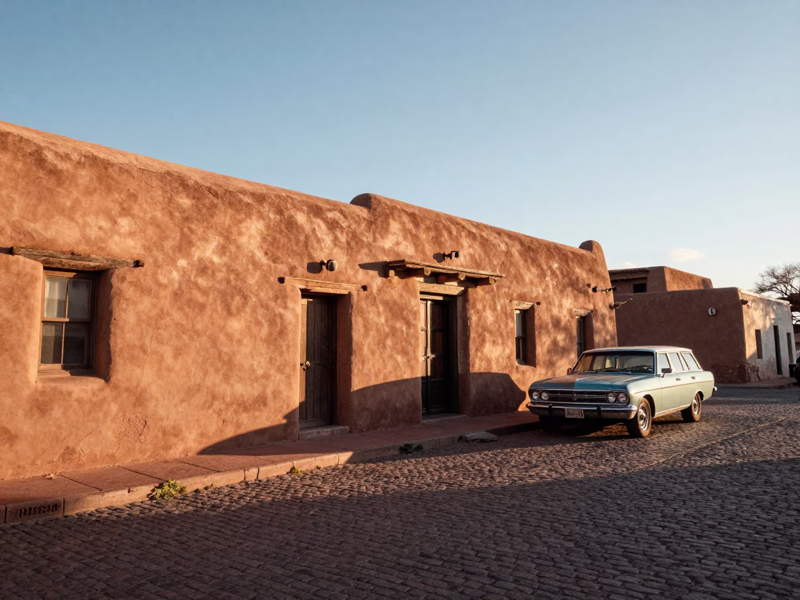 Santa Fe New Mexico Adobe Building Street Scene Just After Sunrise in in Santa Fe, New Mexico, United States