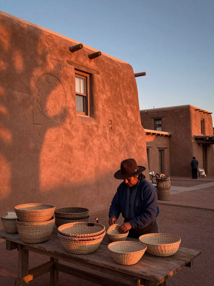 Santa Fe New Mexico Adobe Plaza Before Dusk With Local Artisans And Traditional Crafts in in Santa Fe, New Mexico, United States