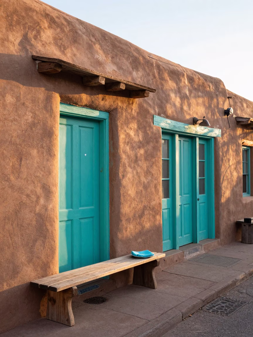 Santa Fe New Mexico adobe street scene with turquoise doors and morning light in in Santa Fe, New Mexico, United States