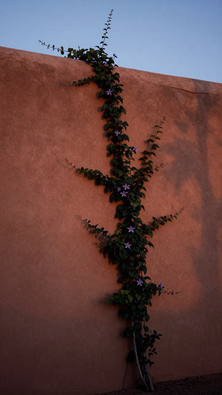 Santa Fe New Mexico Adobe Wall Clematis Vine and Morning Light Before Sunrise in in Santa Fe, New Mexico, United States