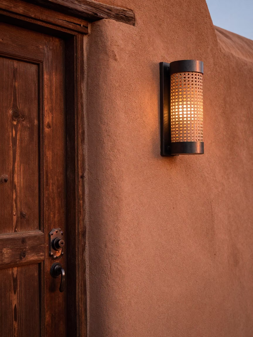 Santa Fe New Mexico Adobe Wall Deadbolt and Woven Cane Light Before Dusk in in Santa Fe, New Mexico, United States