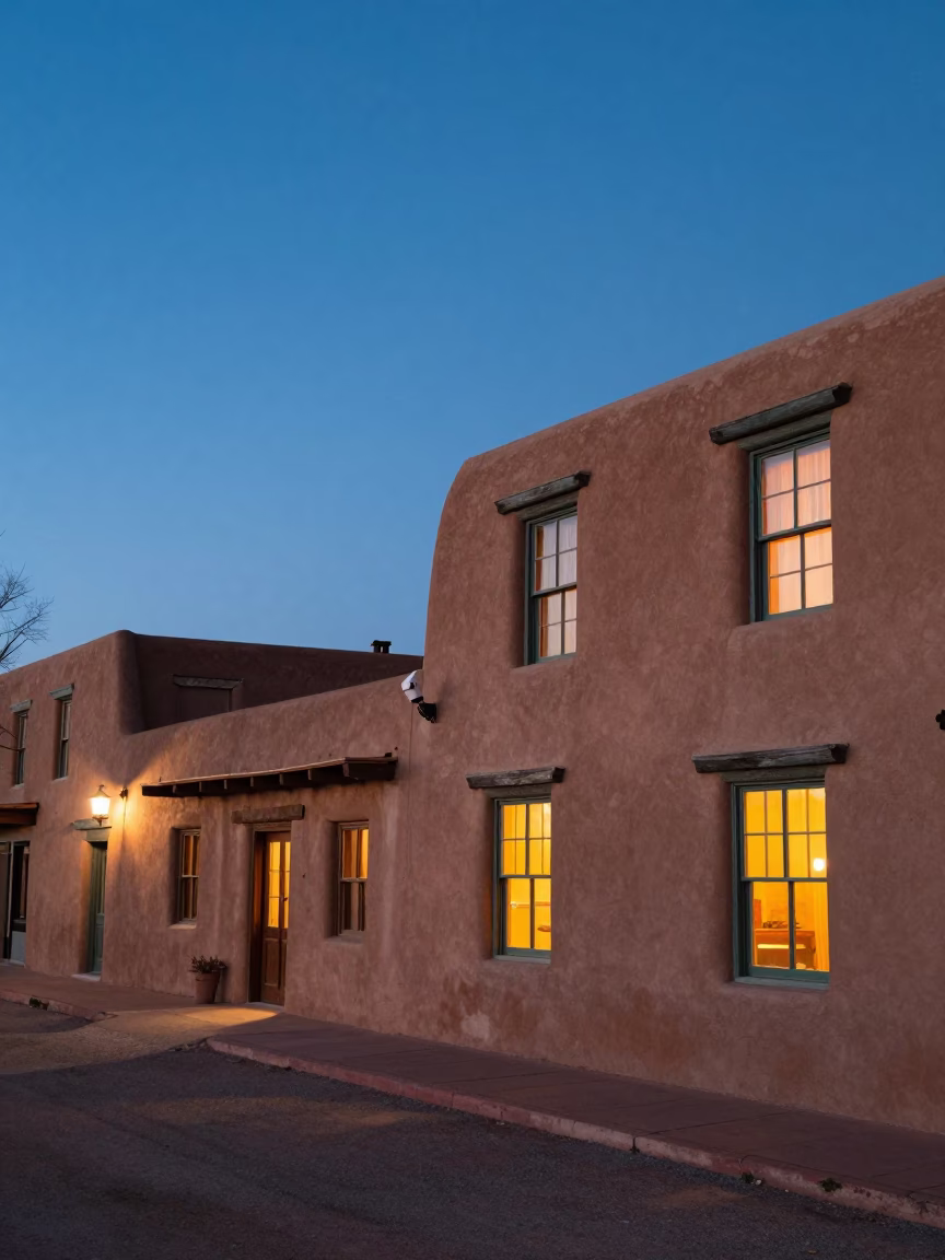 Santa Fe New Mexico Blue Hour Adobe Architecture and Evening Street Life in in Santa Fe, New Mexico, United States