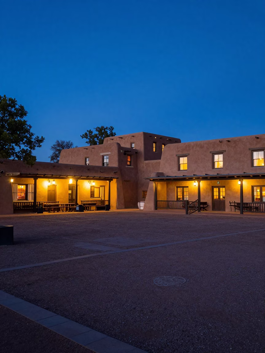 Santa Fe New Mexico Blue Hour Adobe Architecture and Plaza Lighting in in Santa Fe, New Mexico, United States