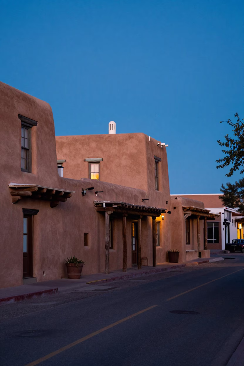Santa Fe New Mexico Blue Hour Adobe Architecture and Street Scene in in Santa Fe, New Mexico, United States