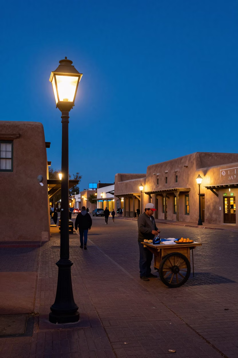 Santa Fe New Mexico Blue Hour Adobe Architecture Lantern Light Street Scene in in Santa Fe, New Mexico, United States