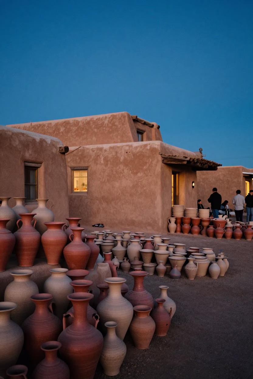 Santa Fe New Mexico Blue Hour Pottery Market Stacked Wares Adobe Architecture in in Santa Fe, New Mexico, United States