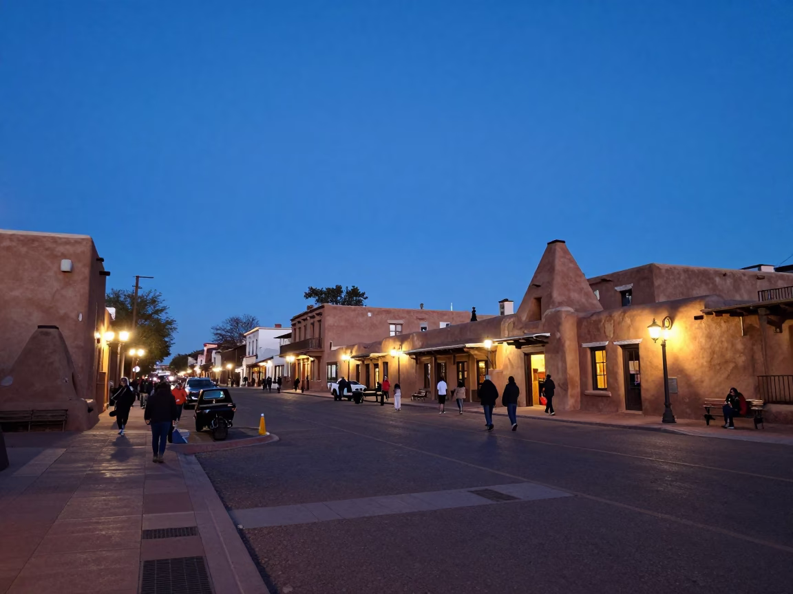 Santa Fe New Mexico Blue Hour Street Scene with Adobe Architecture and Evening Activity in in Santa Fe, New Mexico, United States