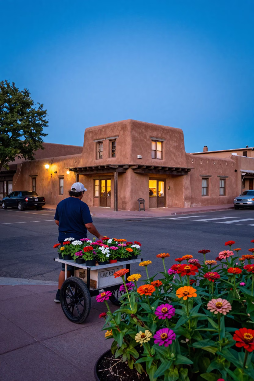 Santa Fe New Mexico Blue Hour Street Scene with Adobe Architecture and Zinnia Flowers in in Santa Fe, New Mexico, United States