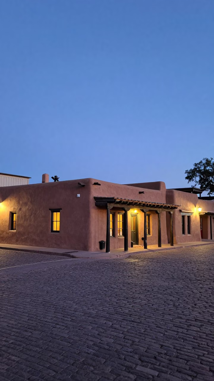 Santa Fe New Mexico Blue Hour Street Scene with Traditional Architecture and Evening Light in in Santa Fe, New Mexico, United States