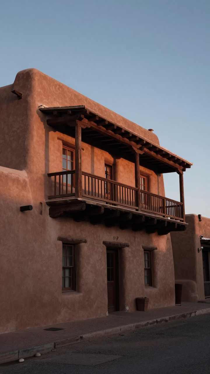 Santa Fe New Mexico Dawn Adobe Architecture and Local Street Life in in Santa Fe, New Mexico, United States