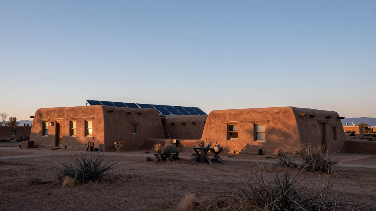 Santa Fe New Mexico Dawn Solar Array Glint Over Adobe and Scrub Landscape in in Santa Fe, New Mexico, United States