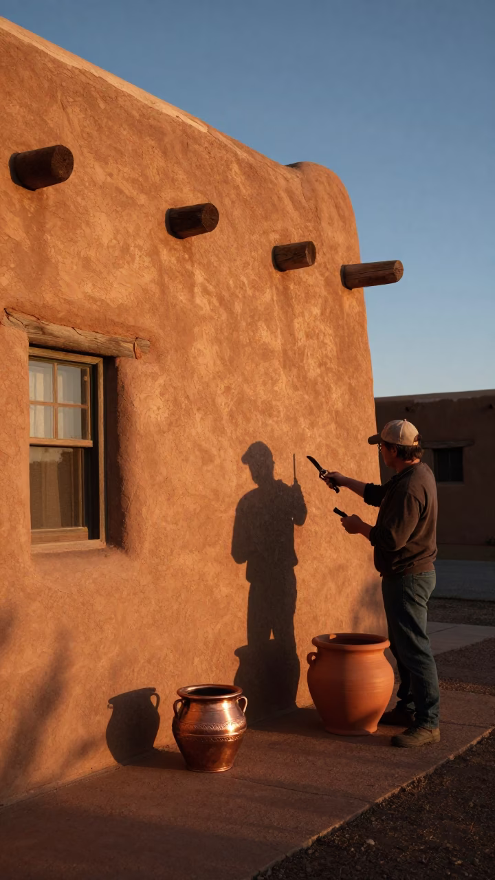 Santa Fe New Mexico Dusk Gardener Pruning Shears Pottery Adobes in in Santa Fe, New Mexico, United States