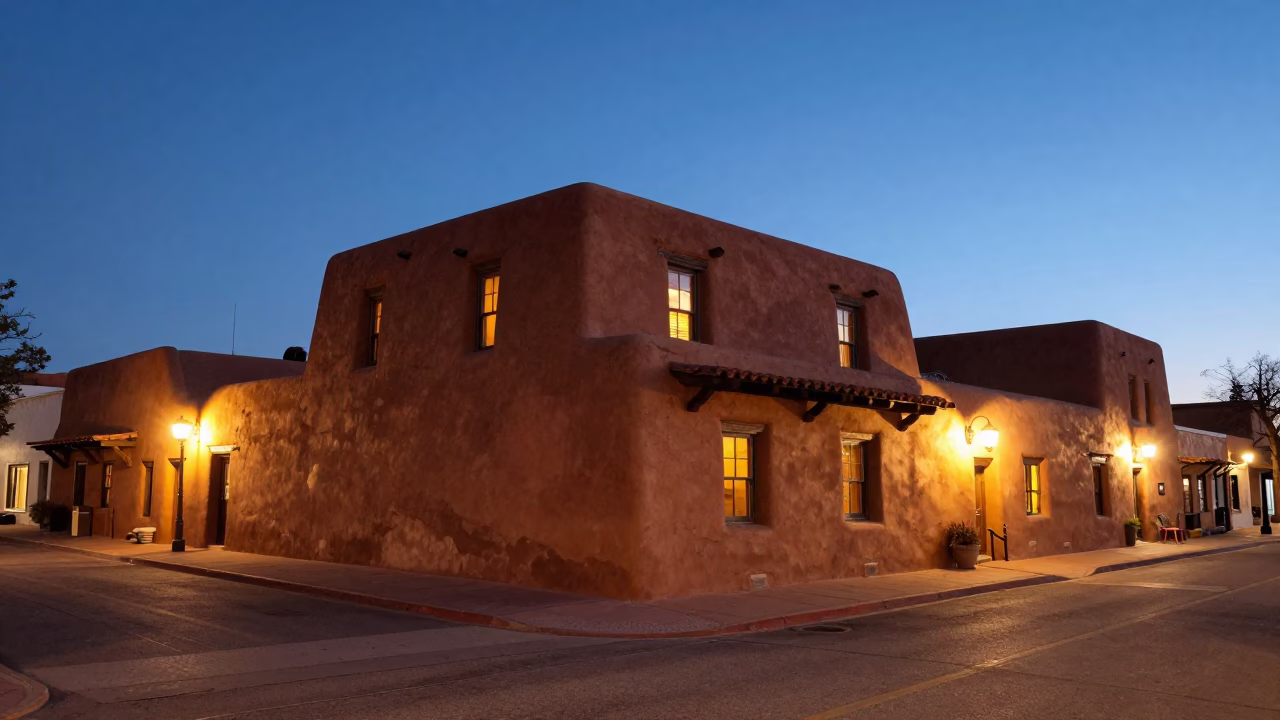 Santa Fe New Mexico dusk street scene with terracotta architecture and evening city lights in in Santa Fe, New Mexico, United States