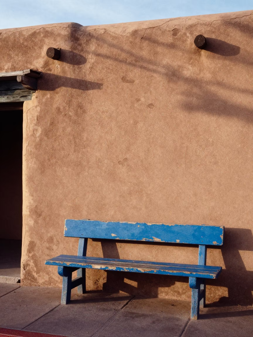 Santa Fe New Mexico Early Afternoon Adobe Architecture and Blue Enamel Detail in in Santa Fe, New Mexico, United States