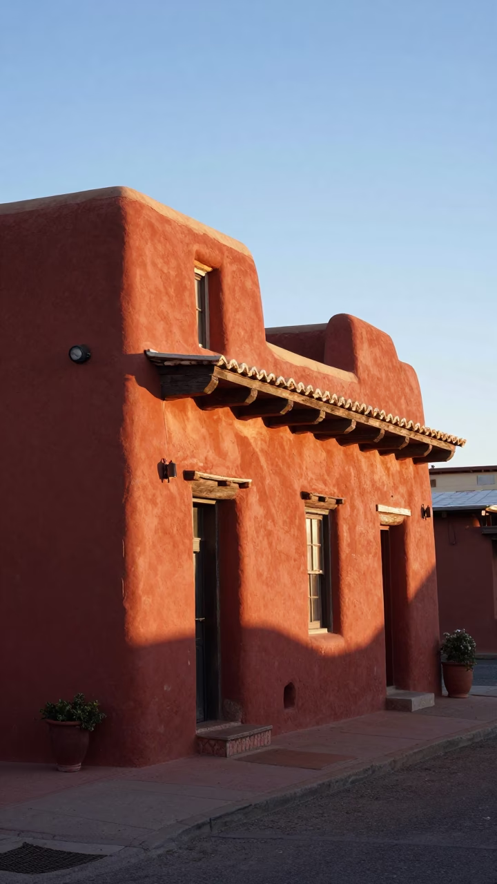 Santa Fe New Mexico Early Afternoon Adobe Architecture and Local Street Scene in in Santa Fe, New Mexico, United States