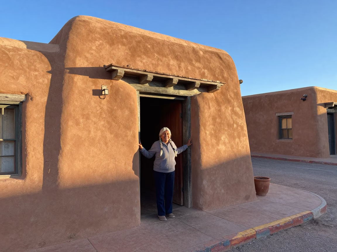Santa Fe New Mexico Early Afternoon Sunlight on Adobe Architecture and Street Life in in Santa Fe, New Mexico, United States